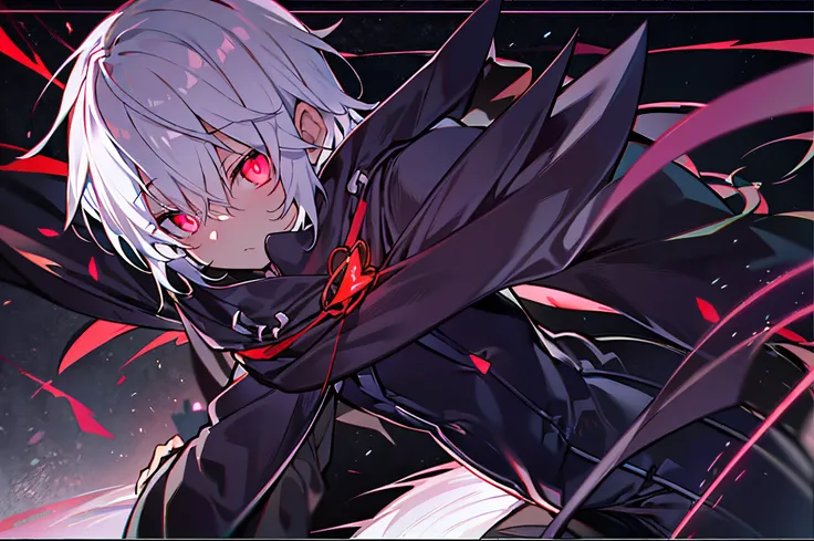 hight resolution,close range、Anime boy with white hair and red eyes staring at camera, Glowing red eyes,slim, dressed in a black outfit,Shadow Body,colorful backdrop,hair messy,Straight face、Diagonal angle