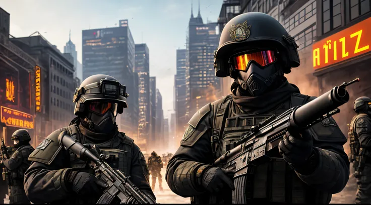 tmasterpiece, higly detailed, realisti, Spetnaz, in the city, With weapons, bronya, shelmet, eyeglasses, ak74, bullet gun, armored vehicles, Colours black, poster, Beautiful soft light, glow, civilians, crowd, Extras, military,