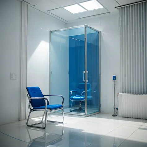 Special chair in big space, science-fiction, and blue white wall, glass window, seeling high