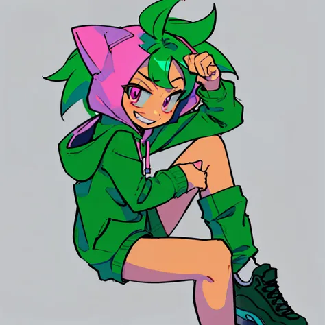 anime female short green hair pink eyes wearing a hoodie jet set radio style looking right with a smile no background