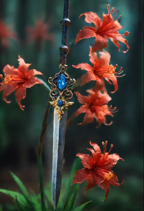 (Lycoris close-up:1.5)，Flower of the other shore is charming，Mysterious Manzhu Shahua，The bloody ghost flower blooming at the gate of hell，Leading the soul to the afterlife，Evil charm，Flirtatious，Incredible，Magic Sword，legendary magic sword，Glory Magic Swo...