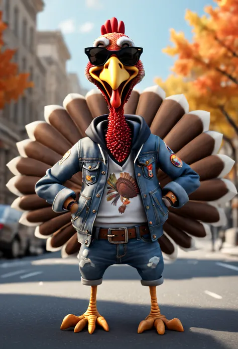 (top-quality,8K,32K,masterpiece,UHD:1.3),ultra high res,(Photorealsitic:1.4)),intricate details, Craft a perfect 3D animation style image featuring a cute (stylish) turkey. Picture the turkey wearing a tank top, jacket hoodie, denim pants, cool sunglasses,...