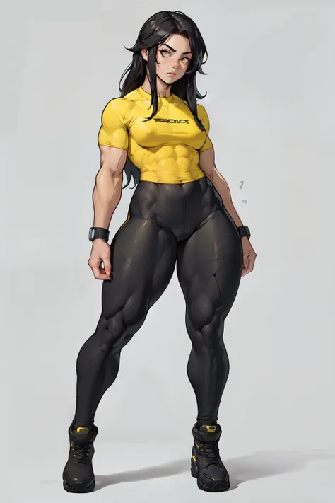 (((((muscular 1girl))))) ((((thick thighs toned body small breasts)))) (pale skin) black hair yellow eyes very long hair ((full body)) tight shirt tight pants