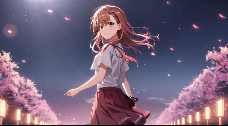 Anime view of Misaka mikoto, 1girl, teen girl, kawaii, solo, chestnut hair, hairpin,brown eyes, standing, looking at viewer,smile,arabian cloth,praying beads on neck, long skirt,flower fields in greek Acropolis waterfalls,night sky stars,anime style,deep d...