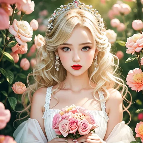 Solo,fairytale,princess is shy, flowers and tiara,White Dress,blonde messy bun hair, half updo hair, Looking at Viewer, Hair Ornament, Pastel colors hair, Jewelry,vivid 22eyes, makeup, Lips, Wavy Hair, earrings, Upper body,Bangs, hair clips, Hand up, 鎖骨,ma...