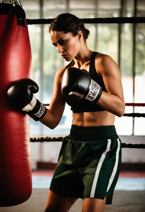 A photo of Suzan angrily practicing boxing with a punching bag.,original,Petite, short hair, dark eyes and light skin, angry and frustrated but serious