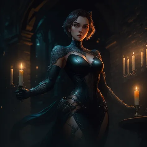 (full torso), style, realistic, ((intricate details)), full torso shot, cool, beautiful lighting, Catwoman from DC, dynamic pose, Helios 44-2, ((dark gothic background)), (candlelight), swirling bokeh, Artstation trend, Sharp focus, Studio photo, Intricate...