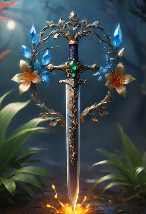 Magic Sword，legendary magic sword，Glory Magic Sword，Alloy iron flower，Alloy vines surround the magic sword,There are iron flowers on the sword，heavy metal style，metal art，flower made of iron，iron leaf，Full metallic luster，Metal texture in the post-industri...