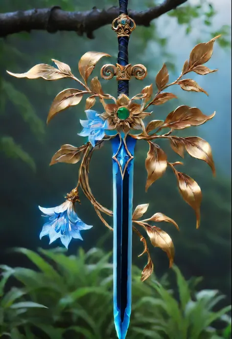 Magic Sword，legendary magic sword，Glory Magic Sword，Alloy iron flower，Alloy vines surround the magic sword,There are iron flowers on the sword，heavy metal style，metal art，flower made of iron，iron leaf，Full metallic luster，Metal texture in the post-industri...