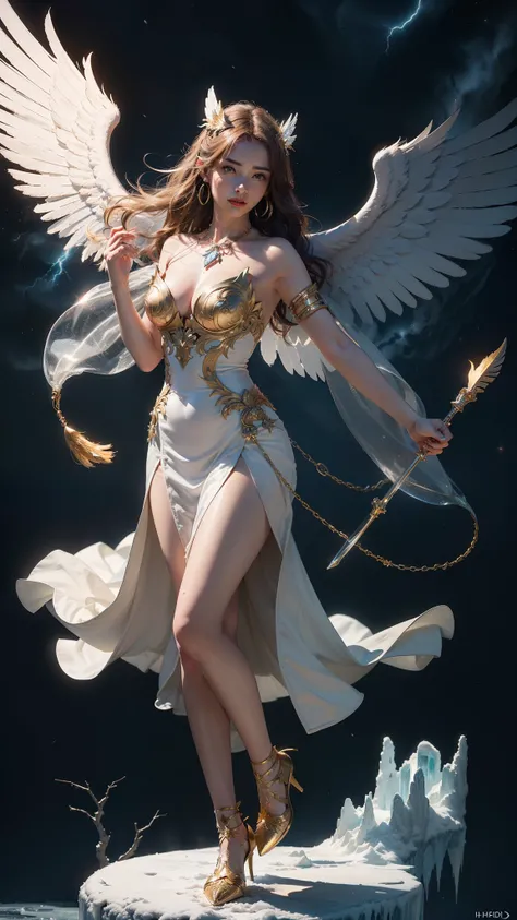 A beautiful Korean+Chinese Arch Angel Girl, 15 years old, hold big Angel staff in right hand, Thunder bolt, (Numerous award-winning masterpieces, with incredible detail, textures and maximum detail), (hyper realistic:1.4), (realistic:1.3), (best quality re...