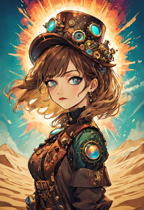 A gorgeous steampunk and psychedelic female portrait; with beautiful colors and in the background explosions of sand of full colors mixed