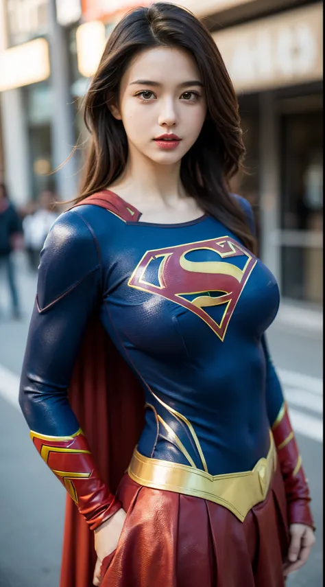 (girl body:fit, big breasts, Supergirl costume: detailed, perfect face, realistic shading) vibrant colors, comic book style, dynamic posture, urban background, bright lighting. (best quality, ultra-detailed, photorealistic)