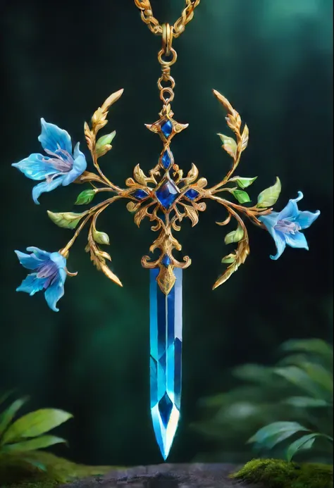 Magic Sword，legendary magic sword，Glory Magic Sword，Alloy iron flower，Alloy vines surround the magic sword,There are iron flowers on the sword，heavy metal style，metal art，flower made of iron，iron leaf，Full metallic luster，Metal texture in the post-industri...