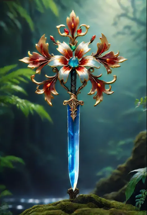 Magic Sword，legendary magic sword，Glory Magic Sword，Alloy iron flower，Alloy vines surround the magic sword,There are iron flowers on the sword，heavy metal style，metal art，flower made of iron，iron leaf，Full metallic luster，Metal texture in the post-industri...