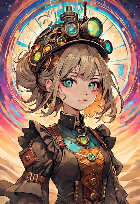 A gorgeous steampunk and psychedelic female portrait; with beautiful colors and in the background explosions of sand of full colors mixed