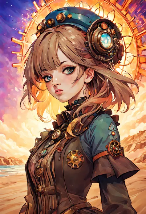 A gorgeous steampunk and psychedelic women portrait with beautiful colors and in the background explosions of sand of full colors mixed