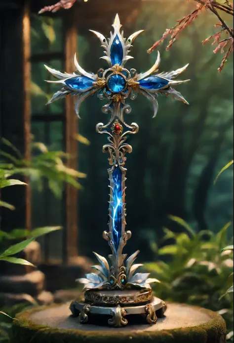 Magic Sword，legendary magic sword，Glory Magic Sword，Alloy iron flower，Alloy vines surround the magic sword,There are iron flowers on the sword，heavy metal style，metal art，flower made of iron，iron leaf，Full metallic luster，Metal texture in the post-industri...