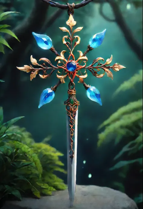 Magic Sword，legendary magic sword，Glory Magic Sword，Alloy iron flower，Alloy vines surround the magic sword,There are iron flowers on the sword，heavy metal style，metal art，flower made of iron，iron leaf，Full metallic luster，Metal texture in the post-industri...