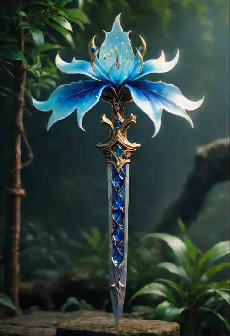 Magic Sword，legendary magic sword，Glory Magic Sword，Alloy iron flower，Alloy vines surround the magic sword,There are iron flowers on the sword，heavy metal style，metal art，flower made of iron，iron leaf，Full metallic luster，Metal texture in the post-industri...