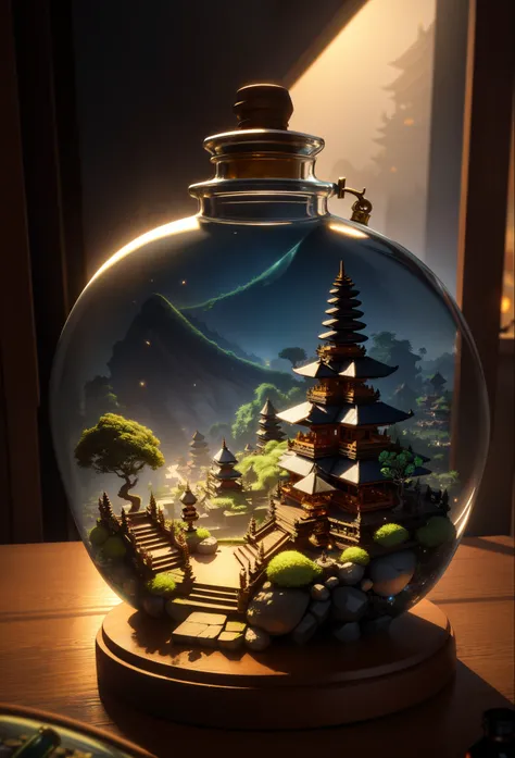 (An intricate Bali minitown landscape trapped in a bottle), atmospheric oliva lighting, on the  table, 4k UHD, dark vibes, hyper detailed, vibrant colours, epic composition, octane render, sharp focus, high resolution isometric