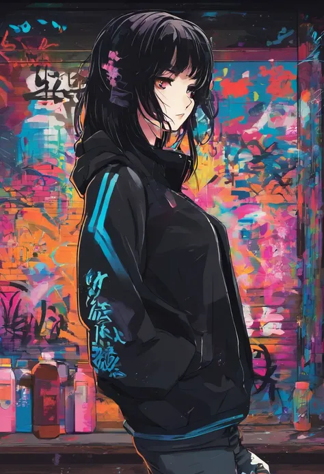 Oil Style, digitalart, 1990s anime style, Black Hair Long Hair Straight, Japan beautiful girl, short-cut, Black sweater、bars、alcohol、darkened room、dark、neons、illuminating