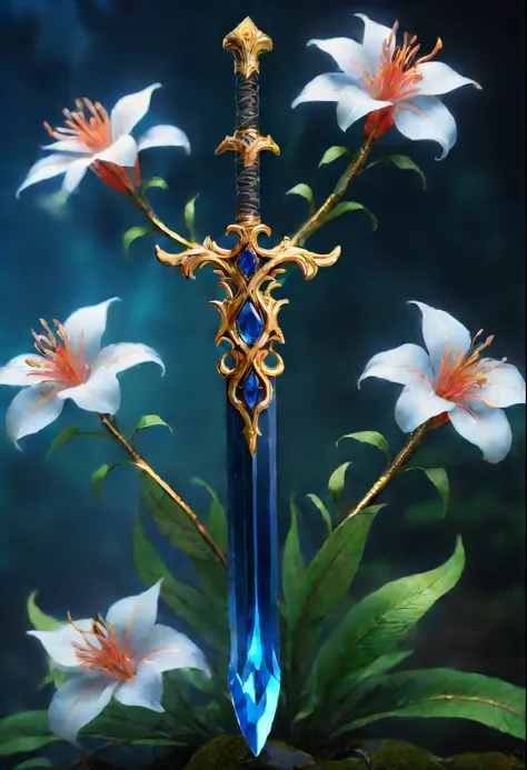 Magic Sword，legendary magic sword，Glory Magic Sword，Alloy iron flower，Alloy vines surround the magic sword,There are iron flowers on the sword，heavy metal style，metal art，flower made of iron，iron leaf，Full metallic luster，Metal texture in the post-industri...