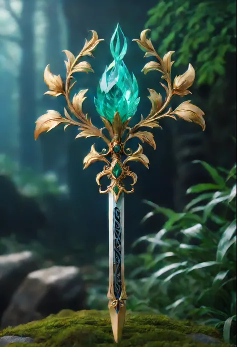 Magic Sword，legendary magic sword，Glory Magic Sword，Alloy iron flower，Alloy vines surround the magic sword,There are iron flowers on the sword，heavy metal style，metal art，flower made of iron，iron leaf，Full metallic luster，Metal texture in the post-industri...