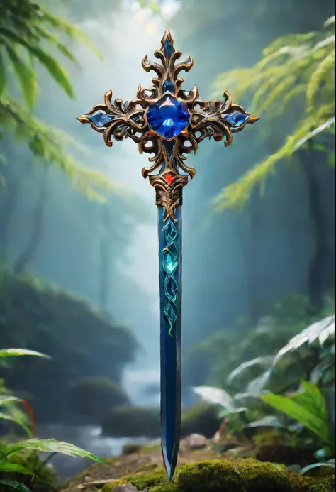 Magic Sword，legendary magic sword，Glory Magic Sword，Alloy iron flower，Alloy vines surround the magic sword,There are iron flowers on the sword，heavy metal style，metal art，flower made of iron，iron leaf，Full metallic luster，Metal texture in the post-industri...