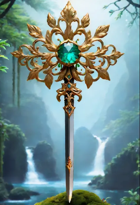 Magic Sword，legendary magic sword，Glory Magic Sword，Alloy iron flower，Alloy vines surround the magic sword,There are iron flowers on the sword，heavy metal style，metal art，flower made of iron，iron leaf，Full metallic luster，Metal texture in the post-industri...