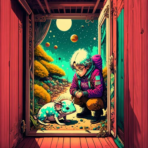 Photo of an explorer with an axolotl as a pet inside the space with a psychedelic backgroun, estilo de Laurie Greasley, Studio Ghibli, Akira Toriyama, James Gilleard, Genshin Impact, Trending Pixiv Fanbox, acrylic palette knife, 8K, cores vibrantes, DevinA...