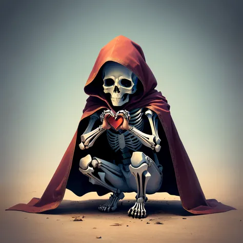 Cute skeleton, small in stature, squatting, wearing a cape, holding a heart with both hands.