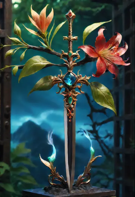 Magic Sword，legendary magic sword，Glory Magic Sword，Alloy iron flower，Alloy vines surround the magic sword,There are iron flowers on the sword，heavy metal style，metal art，flower made of iron，iron leaf，Full metallic luster，Metal texture in the post-industri...