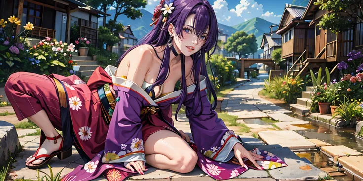 anatomically correct, best quality, masterpiece, high quality, high details, highres, HD, (shaded face:1.2), hollow eyes, purple eyes, looking at viewer, heavy breathing, embarrassed, clenched teeth, blush face, lips, purple hair, long hair, huge breasts, ...