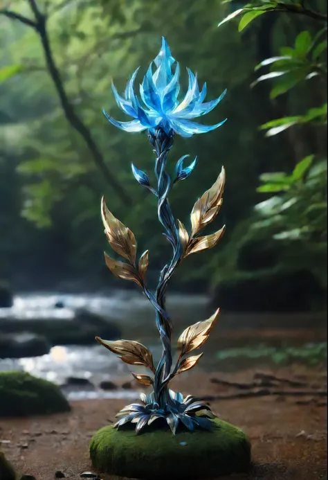 Magic Sword，legendary magic sword，Glory Magic Sword，Alloy iron flower，Alloy vines surround the magic sword,There are iron flowers on the sword，heavy metal style，metal art，flower made of iron，iron leaf，Full metallic luster，Metal texture in the post-industri...