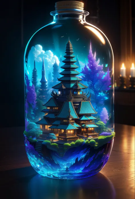 (An intricate Bali minitown landscape trapped in a bottle), atmospheric oliva lighting, on the  table, 4k UHD, dark vibes, hyper detailed, vibrant colours, epic composition, octane render, sharp focus, high resolution isometric