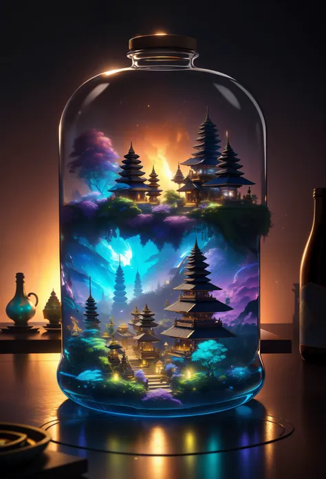 (An intricate Bali minitown landscape trapped in a bottle), atmospheric oliva lighting, on the  table, 4k UHD, dark vibes, hyper detailed, vibrant colours, epic composition, octane render, sharp focus, high resolution isometric