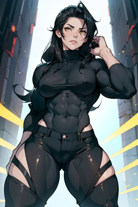 ((((muscular 1girl)))) ((((thick thighs toned body)))) (pale skin) black hair yellow eyes very long hair tight shirt tight pants