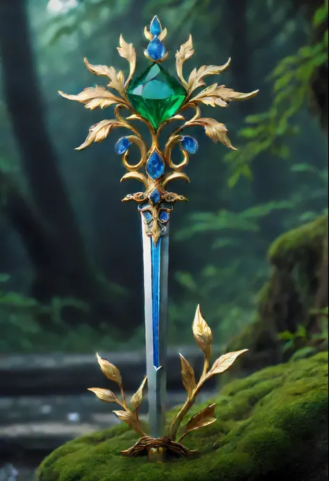 Magic Sword，legendary magic sword，Glory Magic Sword，Alloy iron flower，Alloy vines surround the magic sword,There are iron flowers on the sword，heavy metal style，metal art，flower made of iron，iron leaf，Full metallic luster，Metal texture in the post-industri...