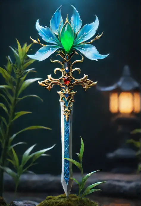 Magic Sword，legendary magic sword，Glory Magic Sword，Alloy iron flower，Alloy vines surround the magic sword,There are iron flowers on the sword，heavy metal style，metal art，flower made of iron，iron leaf，Full metallic luster，Metal texture in the post-industri...