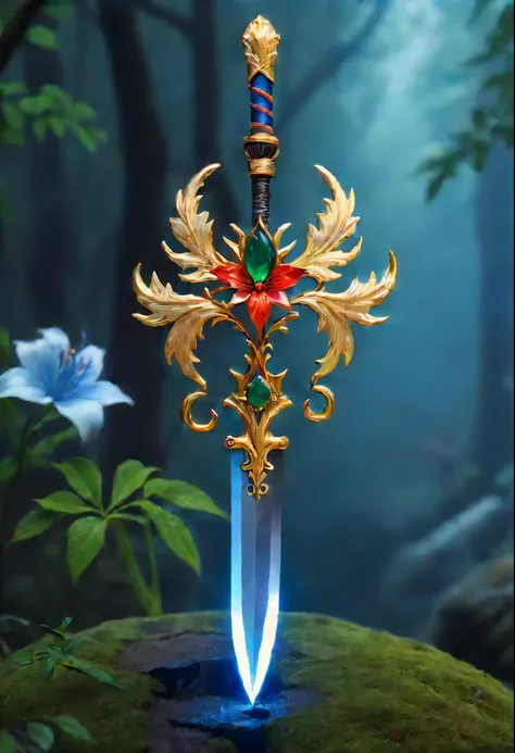 Magic Sword，legendary magic sword，Glory Magic Sword，Alloy iron flower，Alloy vines surround the magic sword,There are iron flowers on the sword，heavy metal style，metal art，flower made of iron，iron leaf，Full metallic luster，Metal texture in the post-industri...