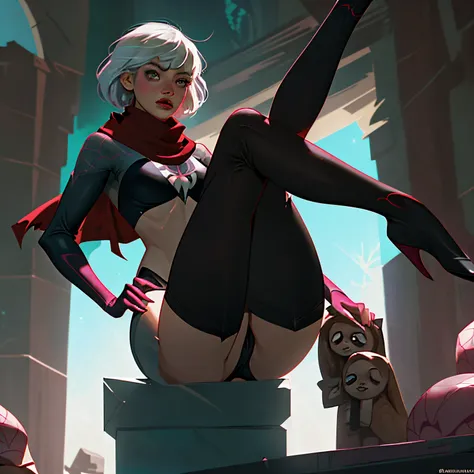 Spider Gwen, Gwen Stacy, aranhaverso, bikini, stockings, Black stockings, calcinha rosa, calcinha listrada, detalhe vermelho na calcinha, quarto, noite, red scarf, envergonhada