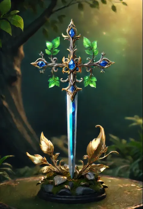 Magic Sword，legendary magic sword，Glory Magic Sword，Alloy iron flower，Alloy vines surround the magic sword,There are iron flowers on the sword，heavy metal style，metal art，flower made of iron，iron leaf，Full metallic luster，Metal texture in the post-industri...