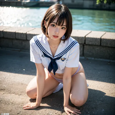 (masutepiece, Best Quality:1.2), 8K, Official art, Raw photo, Cute breasts、Sit up、Spread your crotch、Show panties、Cute navel、breasts looking、Pink Panties、Full Bord Bill Four、14years、small tits、unbelievable Ridiculous, (full body Esbian、Sailor suit on top、P...