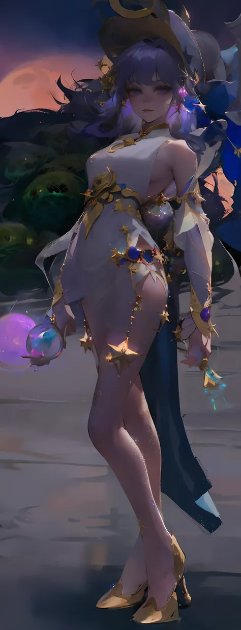 a close up of a person in a dress and a hat, wearing star filled mage robes, beautiful celestial mage, lunar themed attire, astral witch clothes, spellcasting pose, wearing gilded ribes, ingame image, ethereal skin, close up half body shot, full body xianx...