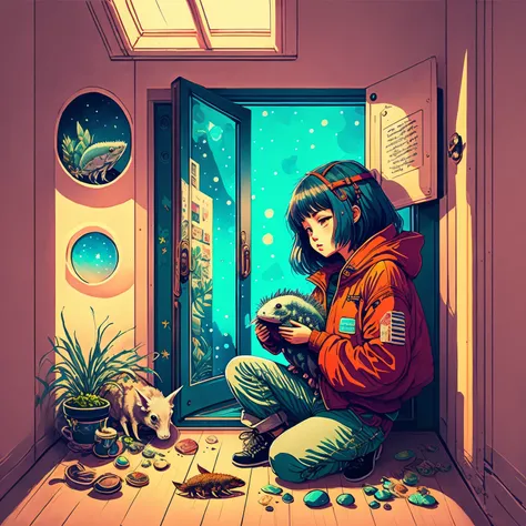 Photo of an explorer with an axolotl as a pet inside the space with a psychedelic backgroun, estilo de Laurie Greasley, Studio Ghibli, Akira Toriyama, James Gilleard, Genshin Impact, Trending Pixiv Fanbox, acrylic palette knife, 8K, cores vibrantes, DevinA...