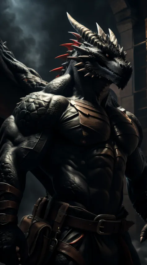 A dragon man, muscular, illustration, (best quality, 4k, highres, masterpiece:1.2), ultra-detailed, realistic, horror, sharp focus, vivid colors, abs, topless, black body with scales, black eyes, in motion, belts with pouches and bag