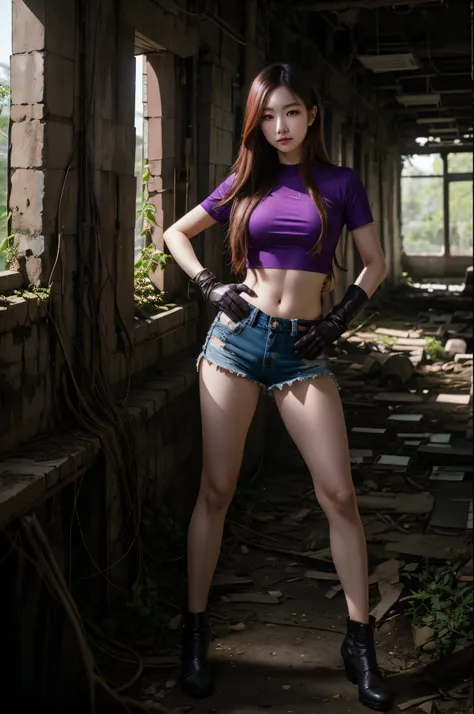 korean woman, look at viewer, long hair, shirt, micro shorts, ruins, creates, sun rays, pillars ,indoors, post-apocalypse, ruins...