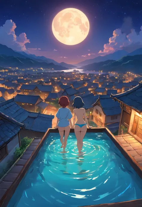 a boy fucking a girl from behind in a wooden water pool on the roof of a building over a village on the horizon, luxury image, making love on top of the serene village, naked, bare pussy, sexual expression, starry sky, dark night, focus on girls, night sce...