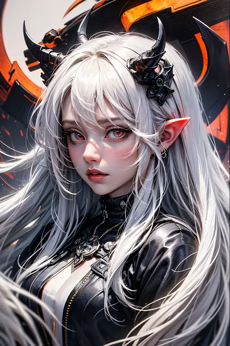 masterpiece, best quality, ultra-detailed, absurdres, colorful, 1girl, solo, (solid red eyes:1.0), (white hair, long hair, straight hair, hair over one eye:1.0), detailed eyes, wide-eyed, eyelashes, (upper body:0.8), monster girl, side view, glowing eyes, ...