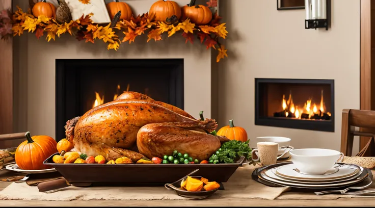 (((hd photo))), (American) A very detailed traditional Thanksgiving Turkey dinner, cozy fireplace, vibrant autumn colors, grandmas delicious, homemade pumpkin pie, children playing in the leaves, warm hugs and laughter, a bountiful harvest, gratitude and l...